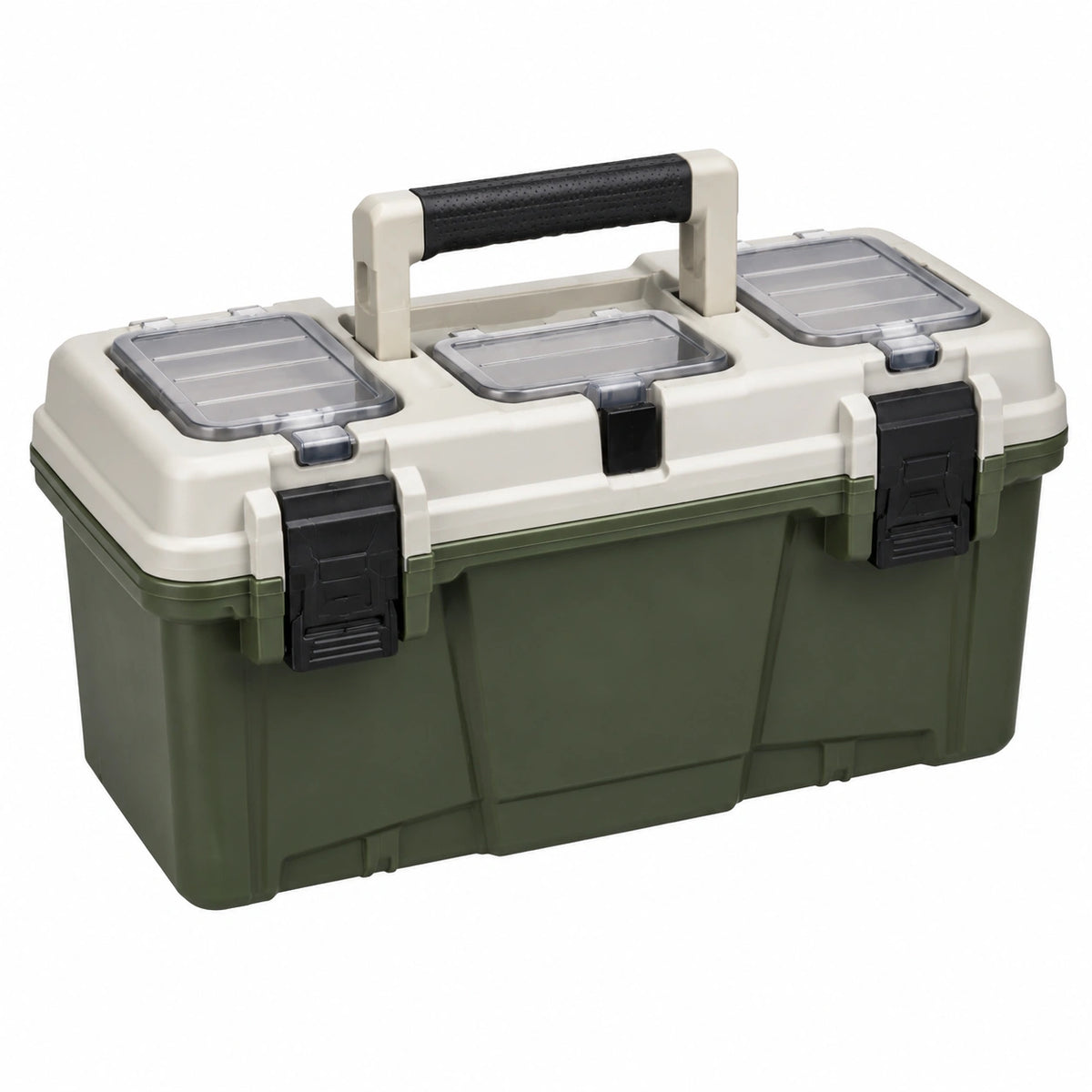 Boîte de rangement 48 x 25 x 24 cm en plastique vert et beige avec compartiments et poignée