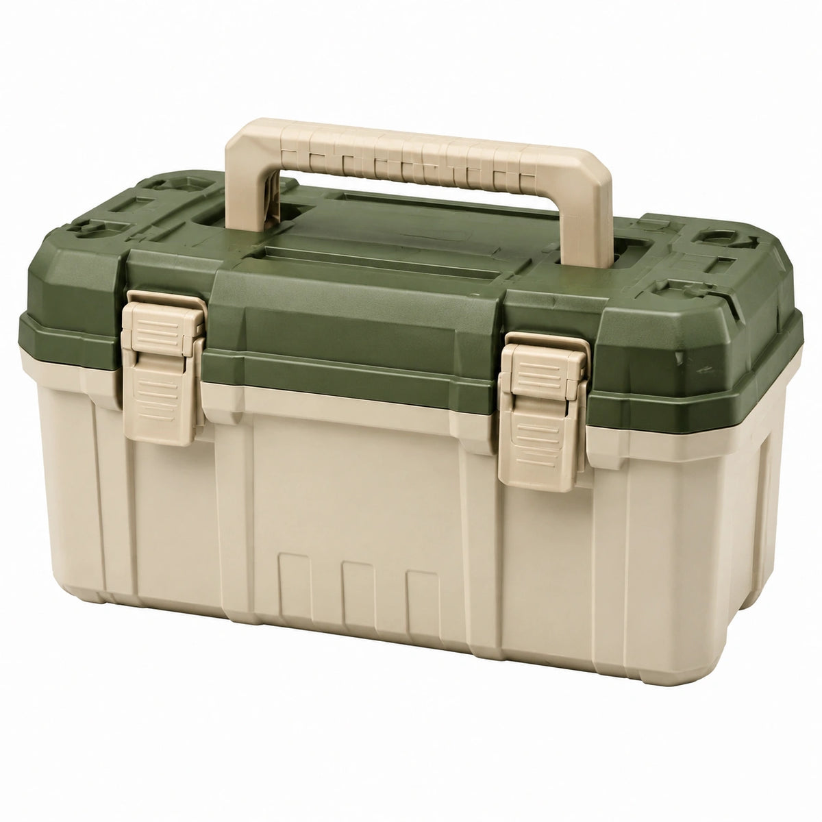 Boîte à outils 45 x 25 x 24 cm en plastique vert kaki et beige avec poignée et fermetures