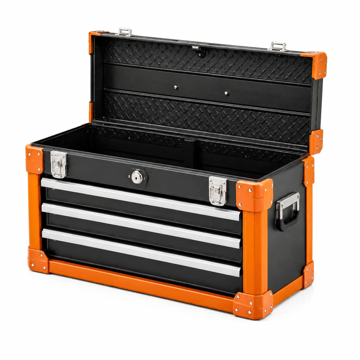 Coffre à outils 76 x 36 x 52 cm en acier noir et orange à 3 tiroirs verrouillable