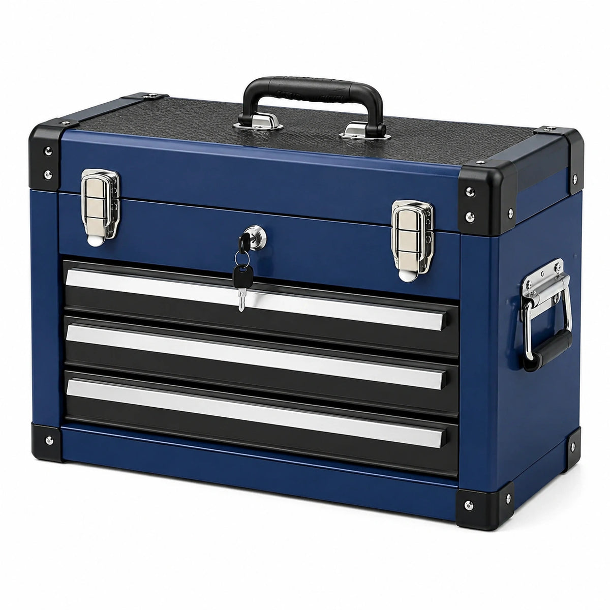 Coffre à outils 50 x 25 x 35 cm en acier bleu avec 3 tiroirs verrouillable