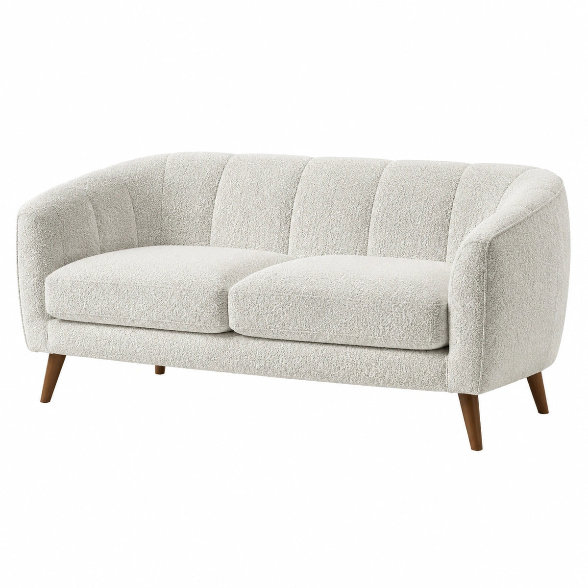 Canapé 2 places 160 cm en tissu bouclette écru avec pieds en bois style rétro