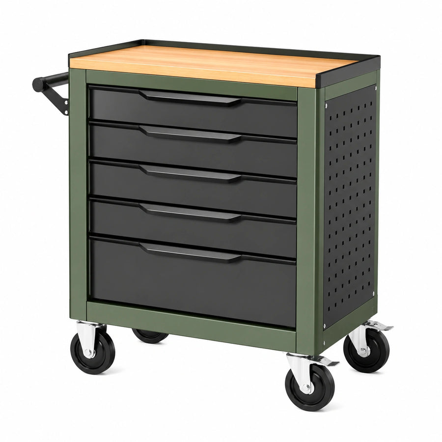 Servante d atelier 80 x 45 x 95 cm en acier vert et noir avec 5 tiroirs sur roulettes