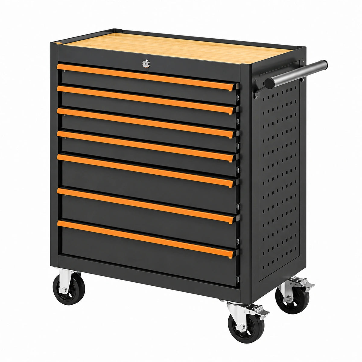 Servante d'atelier 77 x 46 x 97 cm en acier noir et orange à 8 tiroirs mobile verrouillable