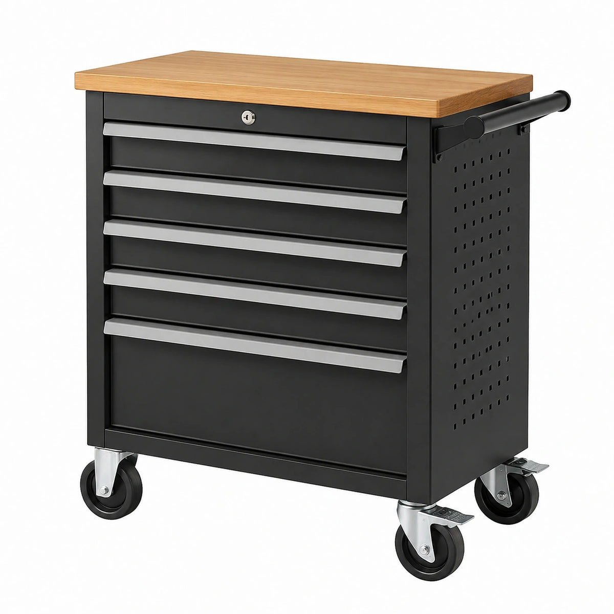 Servante d atelier 77 x 46 x 97 cm en acier noir avec plateau en bois et 7 tiroirs verrouillables