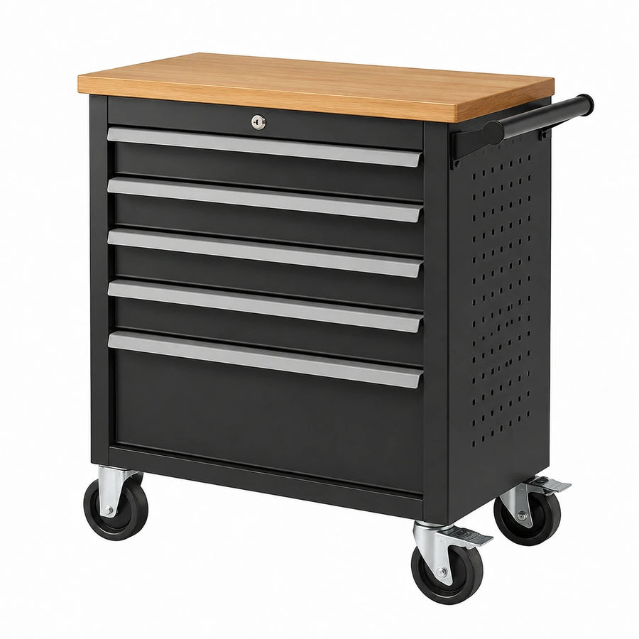 Servante d atelier 77 x 46 x 97 cm en acier noir avec plateau en bois et 7 tiroirs verrouillables