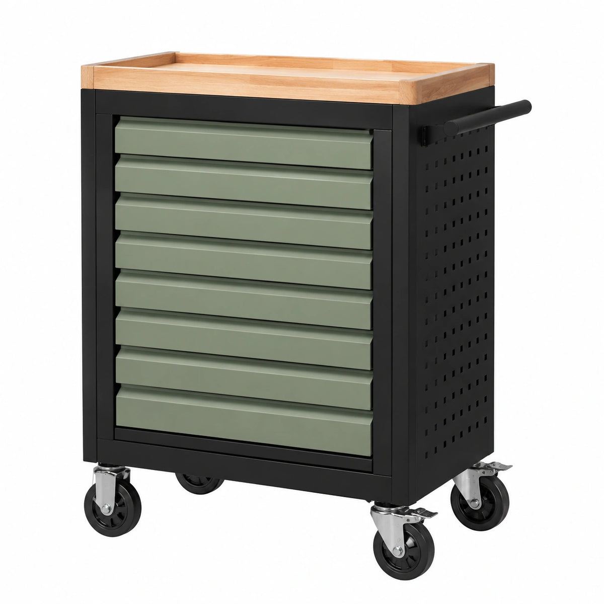Servante d'atelier 76 x 46 x 94 cm en acier noir et vert avec plateau en bois mobile