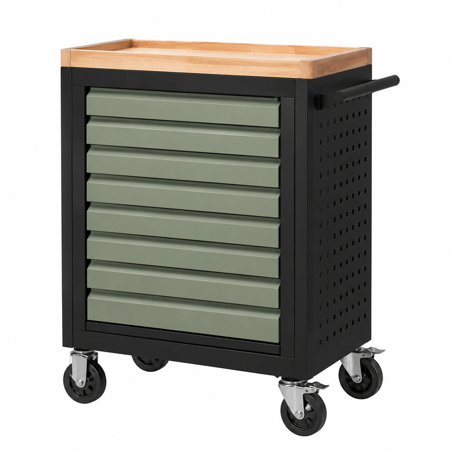 Servante d'atelier 76 x 46 x 94 cm en acier noir et vert avec plateau en bois mobile