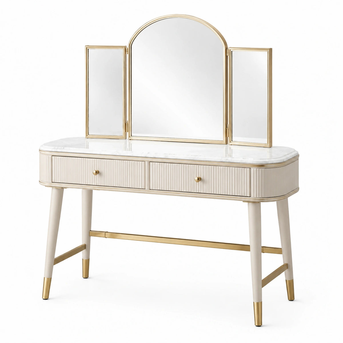 Coiffeuse 120 x 45 x 145 cm blanc et doré avec miroir triptyque tiroirs et plateau aspect marbre