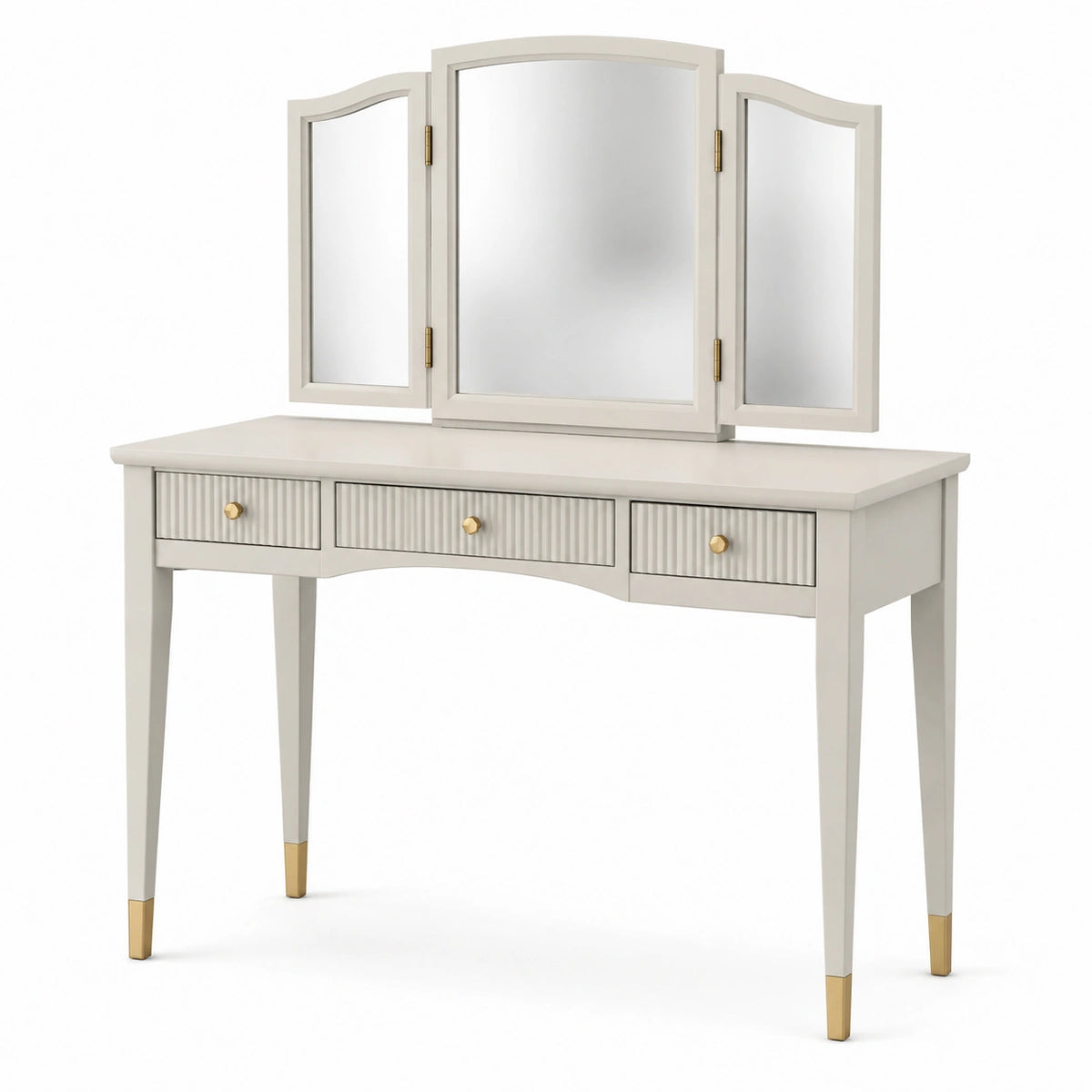 Coiffeuse 100 x 45 x 145 cm en panneaux de bois blanc avec miroir triptyque et tiroirs
