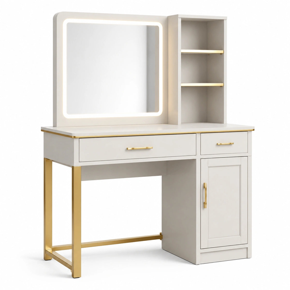 Coiffeuse 100 x 45 x 150 cm en bois blanc avec miroir lumineux et rangement contemporain