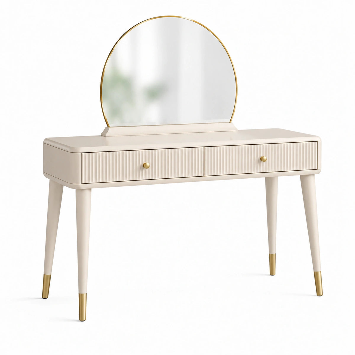 Coiffeuse 100 x 40 x 140 cm en panneaux de bois ivoire et doré avec miroir et 2 tiroirs