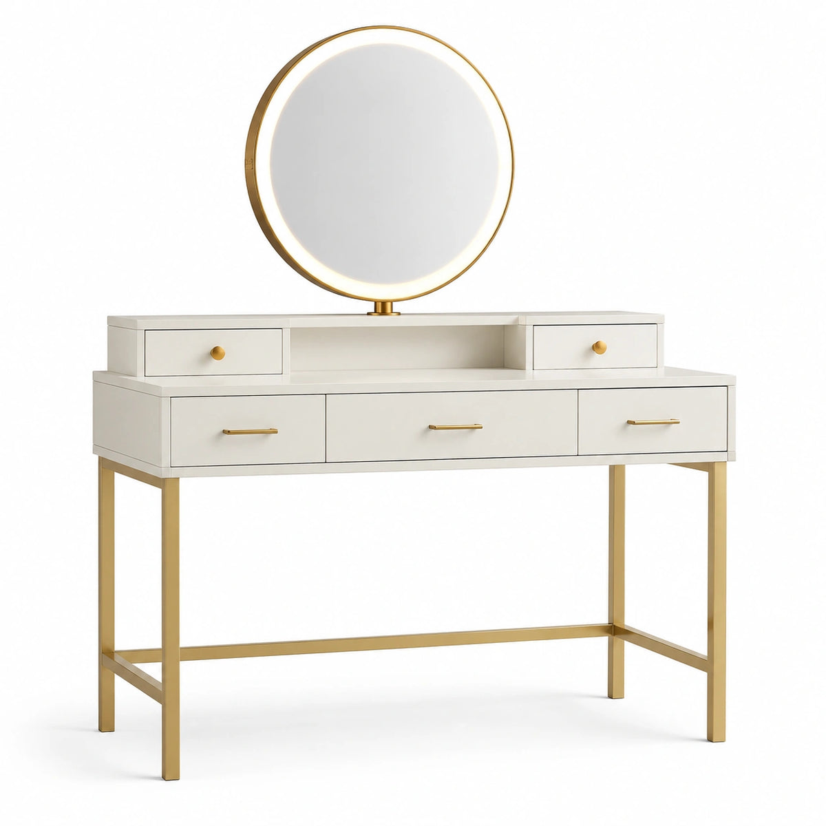 Coiffeuse 120 x 45 x 145 cm blanc et doré avec miroir rond lumineux et rangements