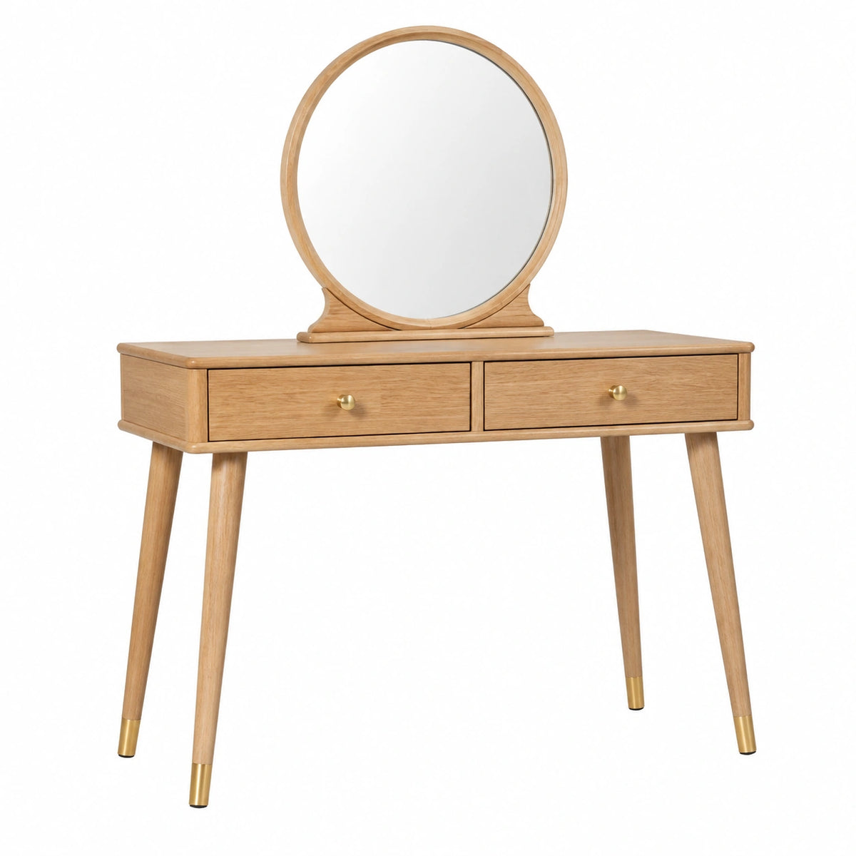 Coiffeuse 100 x 45 x 140 cm en bois naturel avec miroir rond et 2 tiroirs