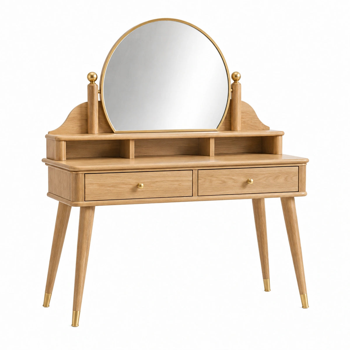 Coiffeuse 100 x 45 x 145 cm en bois naturel avec miroir rond et 2 tiroirs style rétro