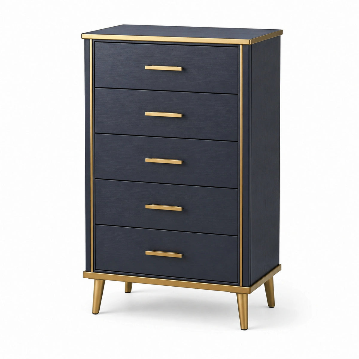 Commode 80 x 40 x 120 cm en panneaux effet bois bleu nuit et métal doré - 5 tiroirs style contemporain