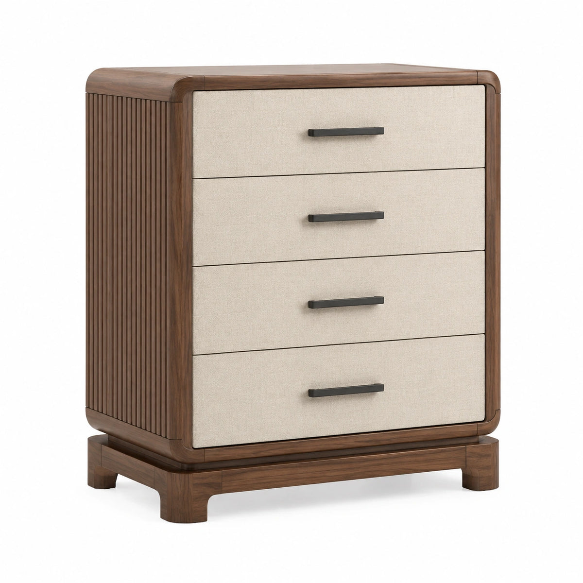 Commode 90 x 45 x 110 cm en bois brun et tissu beige - 4 tiroirs style contemporain