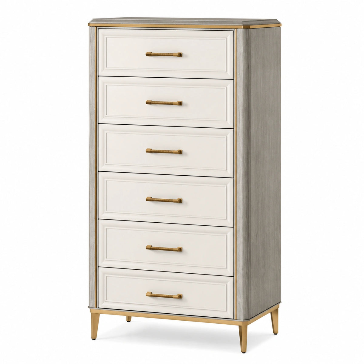 Commode 80 x 40 x 120 cm en panneaux de bois blanc gris à 6 tiroirs style classique