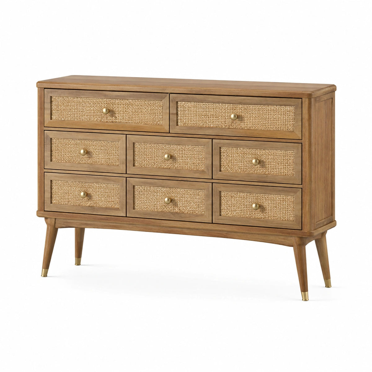 Commode 140 x 40 x 85 cm en bois marron avec cannage style rétro à 8 tiroirs