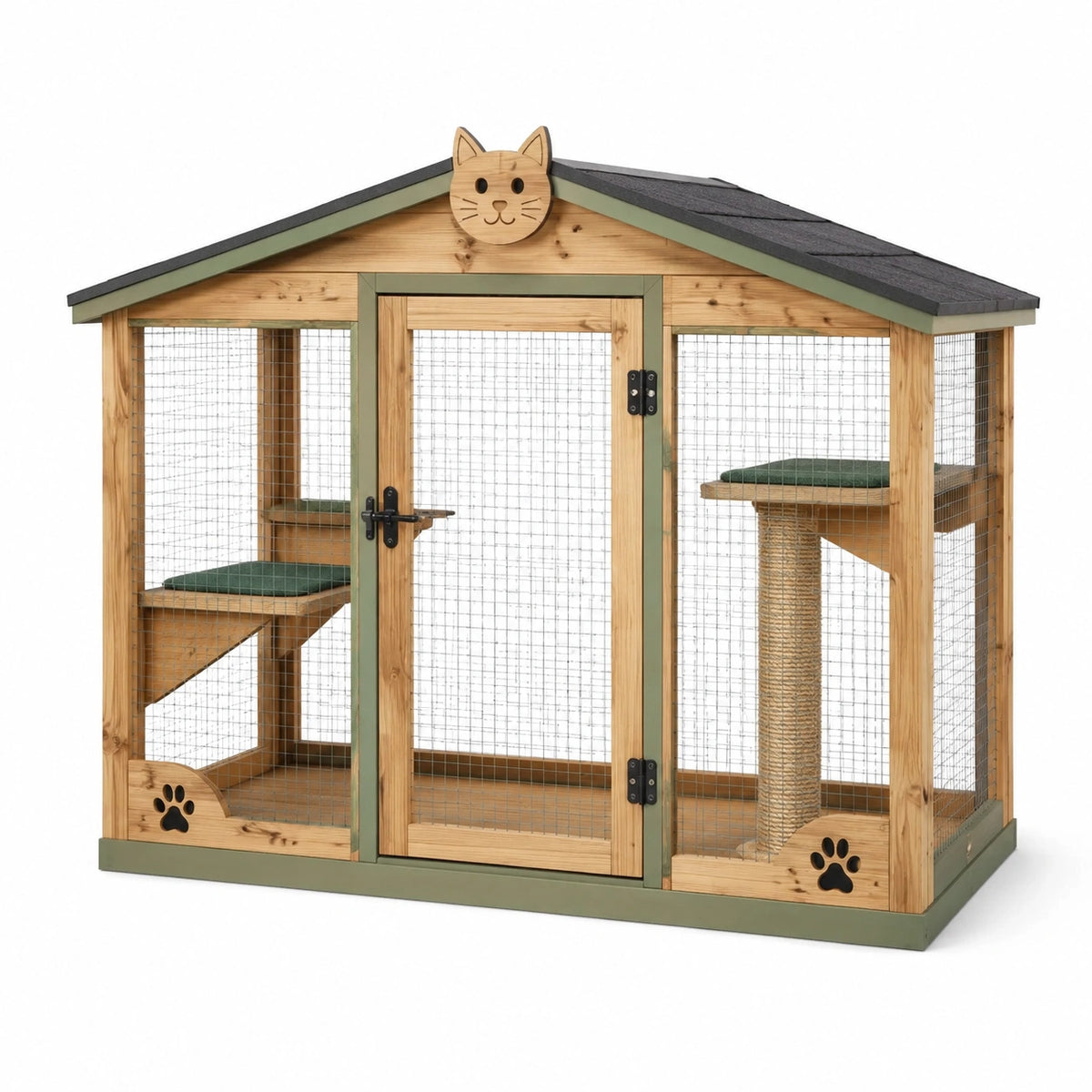 Enclos extérieur pour chat 120 x 80 x 140 cm en bois naturel vert avec grillage et plateformes