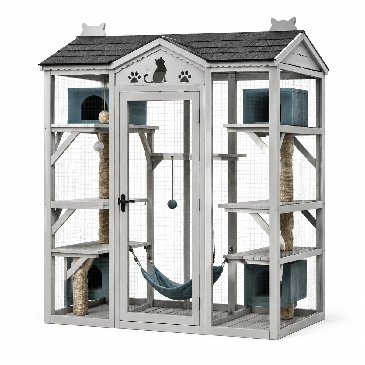 Enclos pour chats 140 x 90 x 180 cm en bois gris avec grillage et plateformes