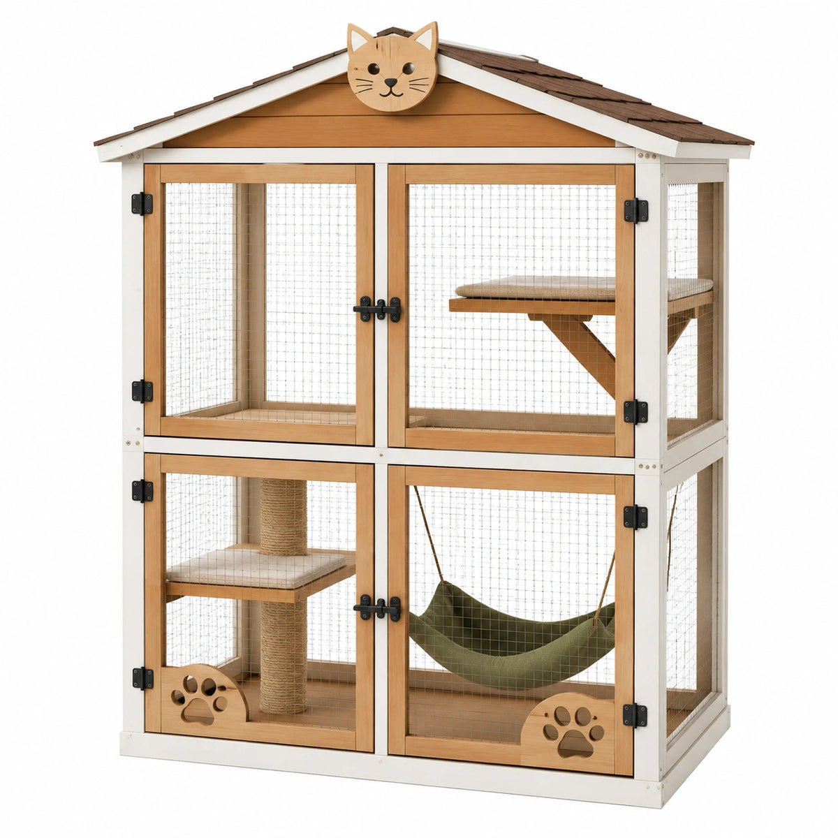 Enclos pour chat 120 x 60 x 180 cm en bois naturel blanc avec grillage et espaces de repos