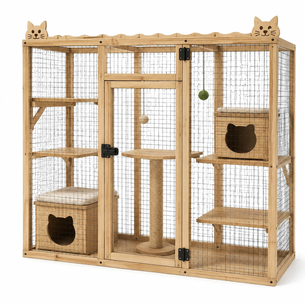 Enclos pour chat 180 x 80 x 180 cm en bois naturel avec grillage et plateformes