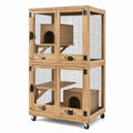 Cage pour chats 100 x 60 x 180 cm en bois naturel avec grille métallique sur roulettes