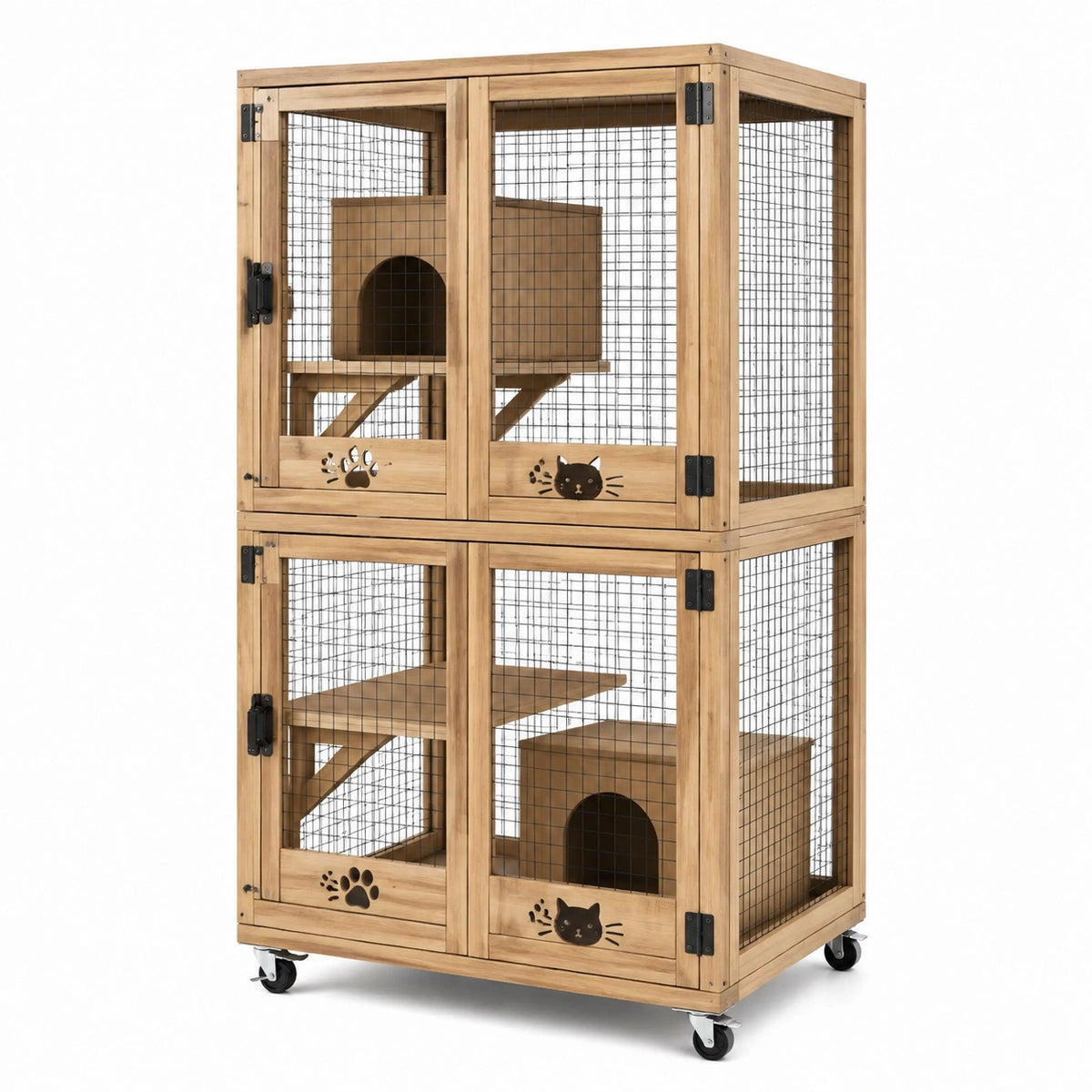 Cage pour chats 100 x 60 x 180 cm en bois naturel avec grille métallique sur roulettes