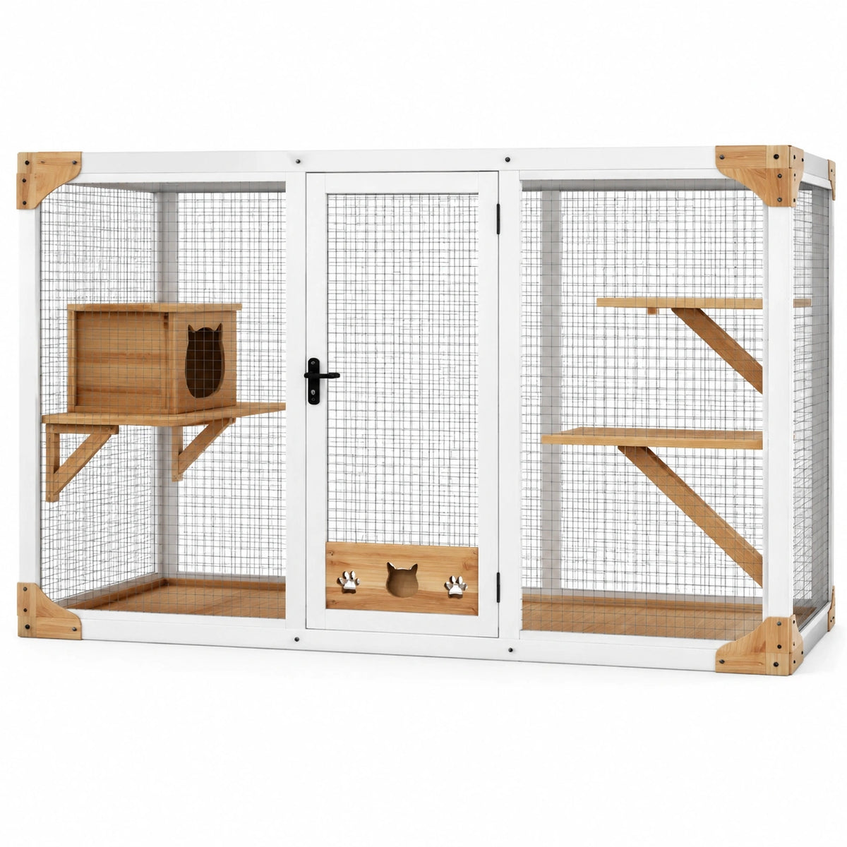 Enclos pour chat 120 x 60 x 120 cm en bois et métal blanc naturel avec plateformes